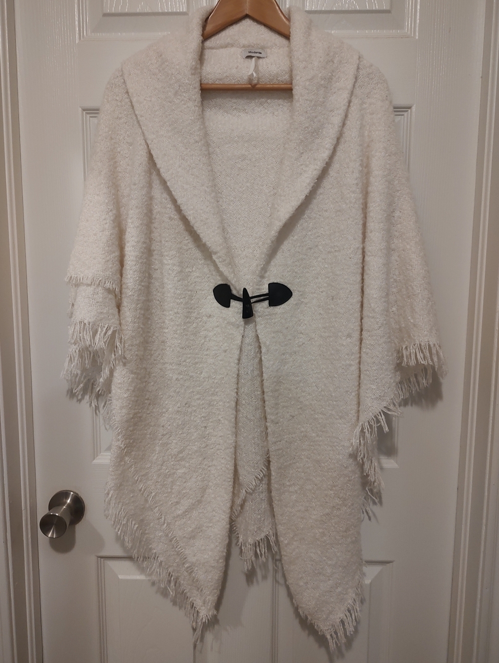 Cozy Ivory Fringe Shawl with Toggle Closure